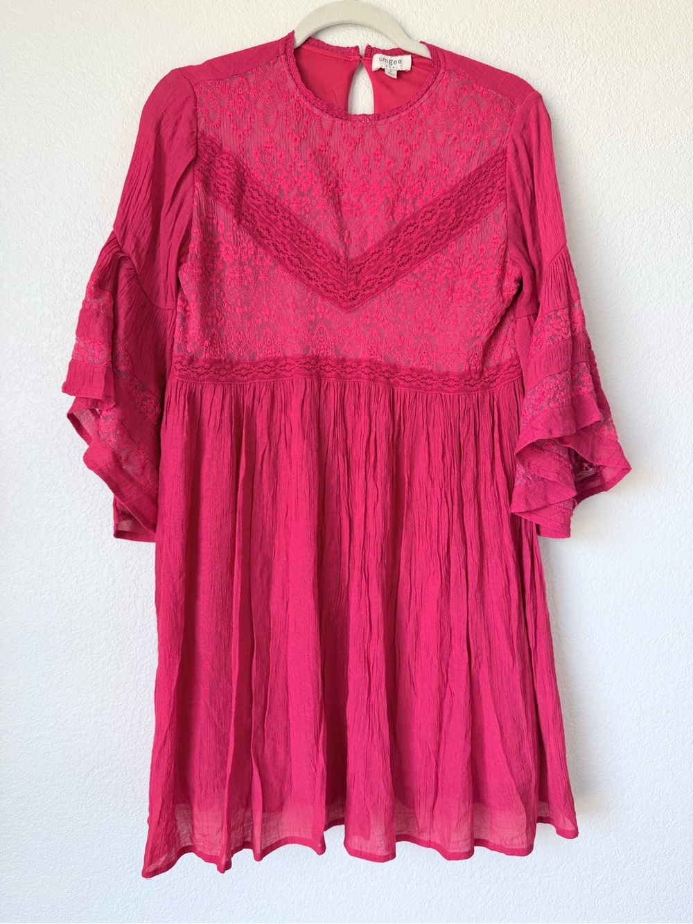 Umgee Bright Red Lace Boho Tiered Bell Sleeve Tunic Dress Top Small